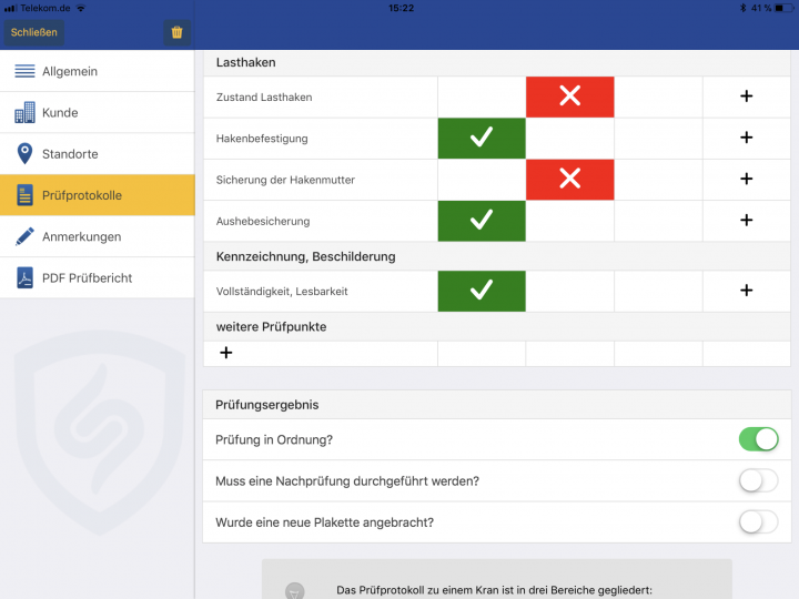 Prüfliste als Checkliste zur UVV Prüfung von Kranen, die mit eigenen Prüfpunkten angepasst werden kann