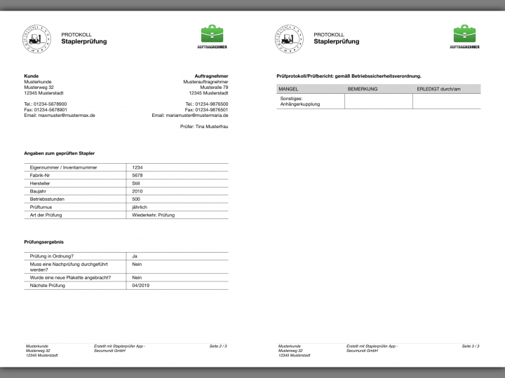 Prüfbericht der Staplerprüfung als PDF direkt nach den UVV Prüfung an den Kunden versenden